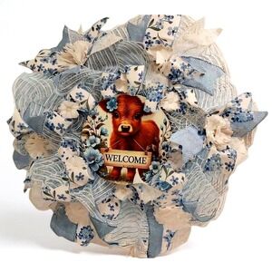 Highland Cow Blue Country Chic Handmade Wreath - Decorative Wall Hanging Art